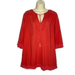 Marabella Tunic Tie Tassel Neck Crochet Details Top Red orange Medium